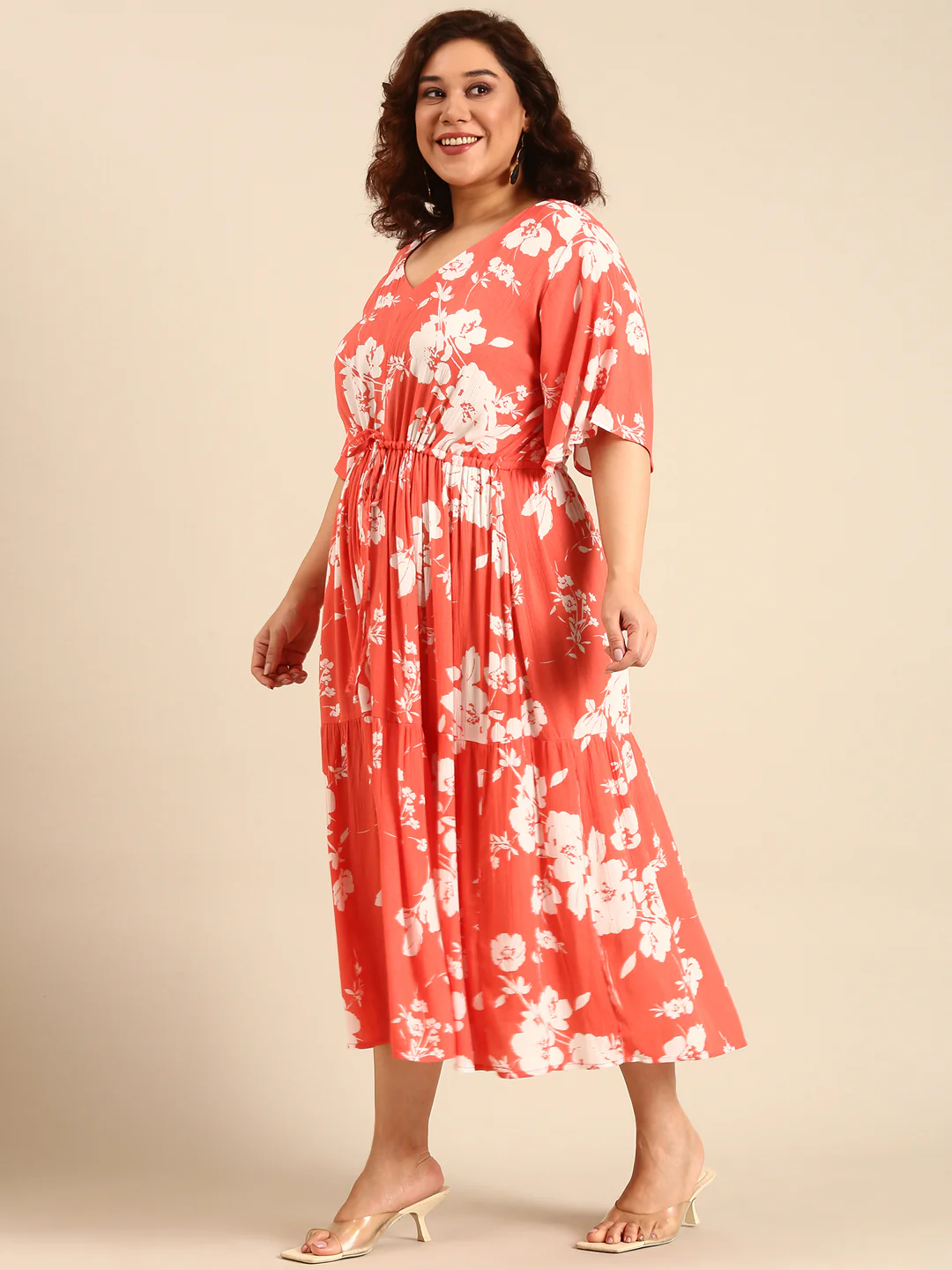 Women Boho Orange Floral Printed Dress with Waist Tie - Image 5