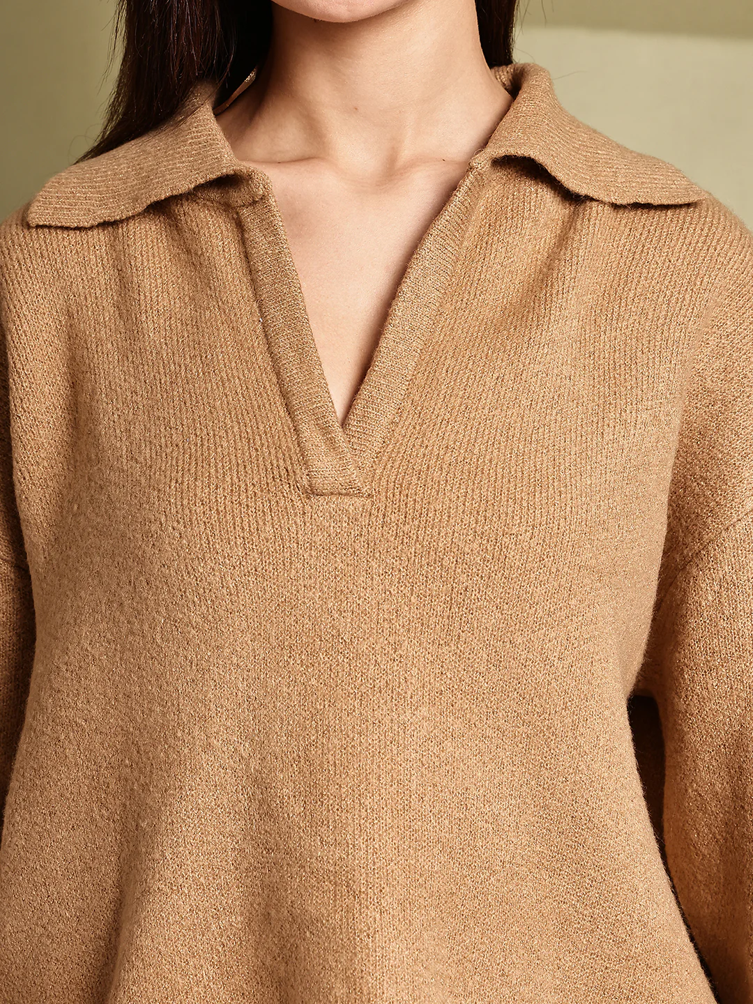 Women Brown Acrylic Full Sleeve Collared Sweater - Image 4