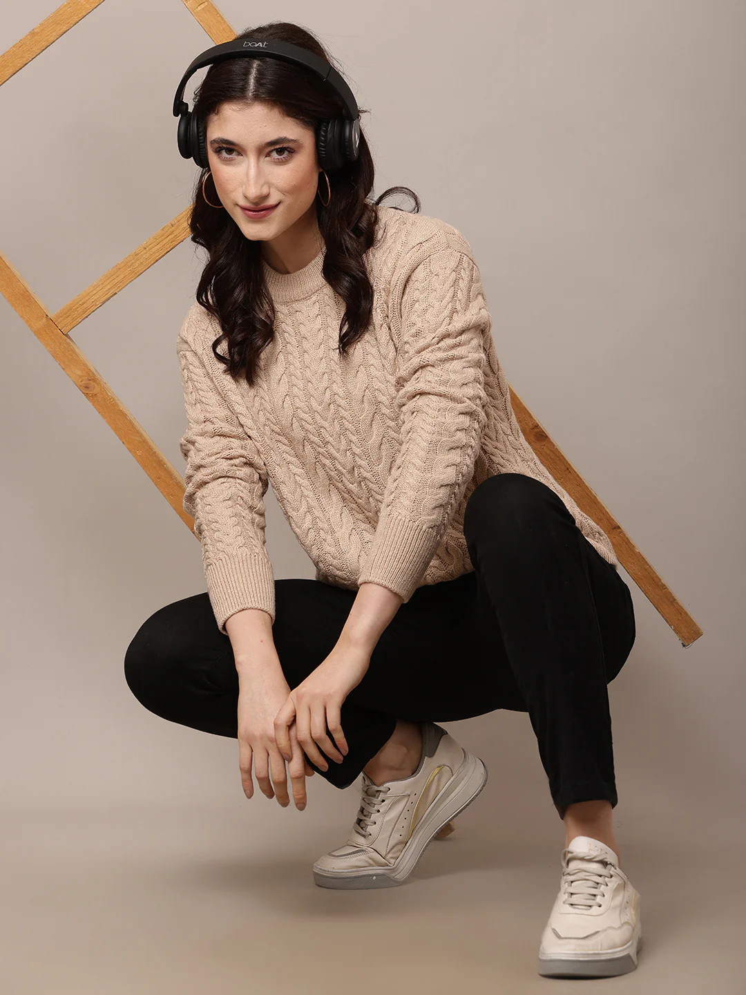 Women Brown Cable Knit Acrylic Sweater - Image 2