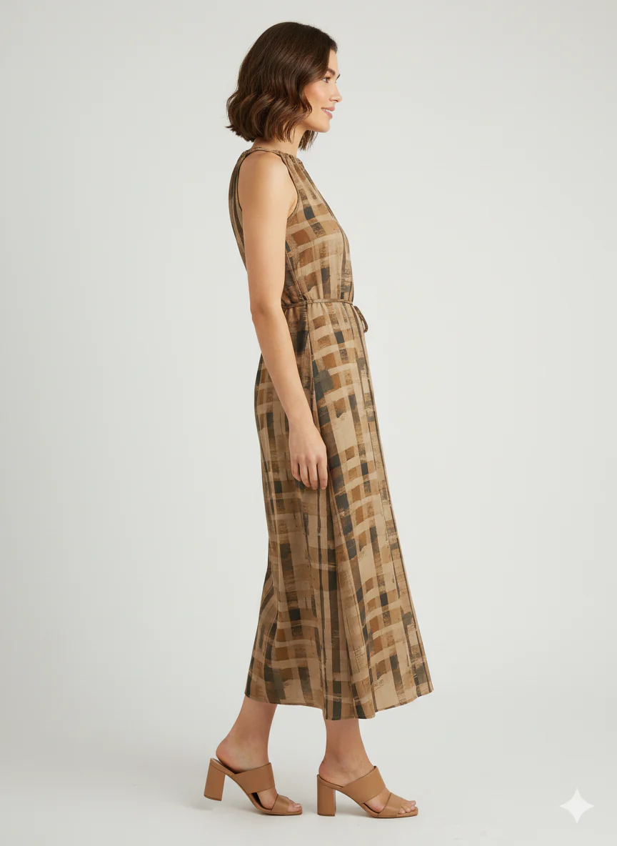 Women Brown Check Shoulder-Less Viscose Dress - Image 5