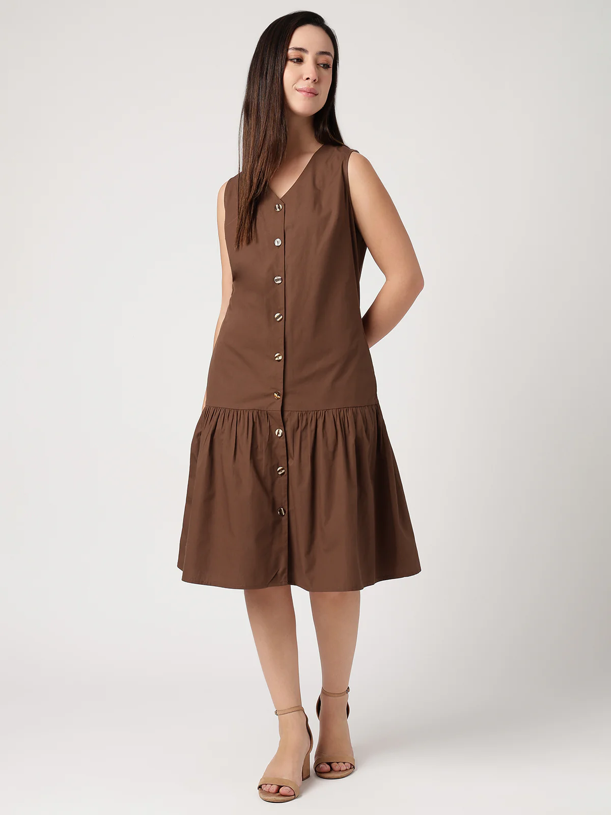 Women Brown Cotton Gathered Dress