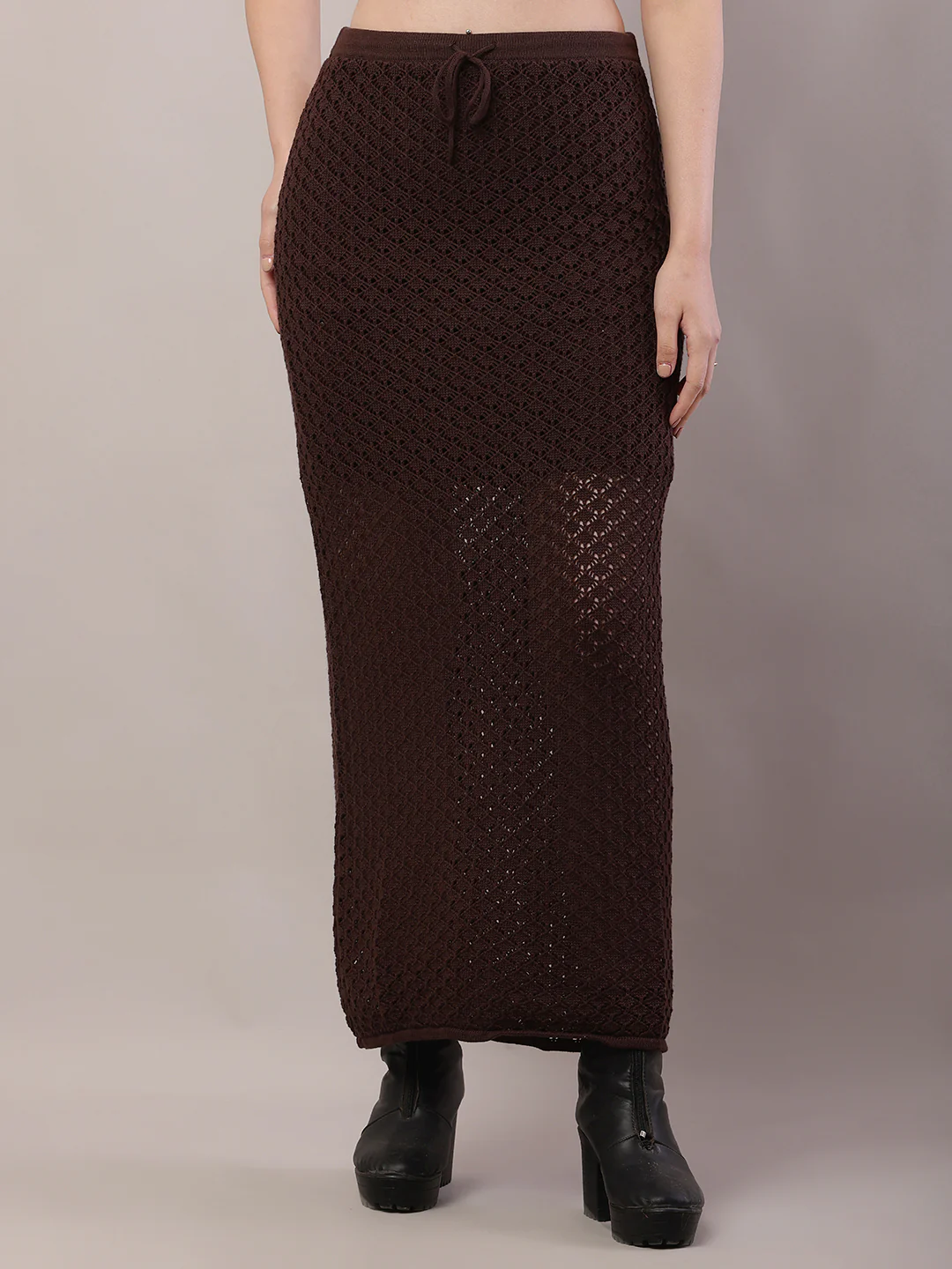 Women Brown Crochet Mesh Sheer Maxi Skirt
