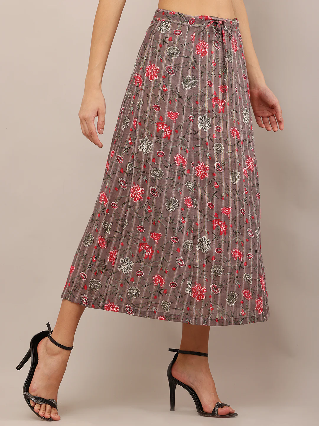 Women Brown Floral Cotton Skirt with Drawstring - Image 2