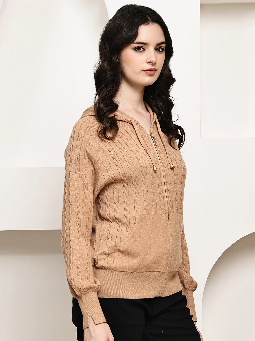 Women Brown Rayon Knit Zip-Up Hoodie - Image 2