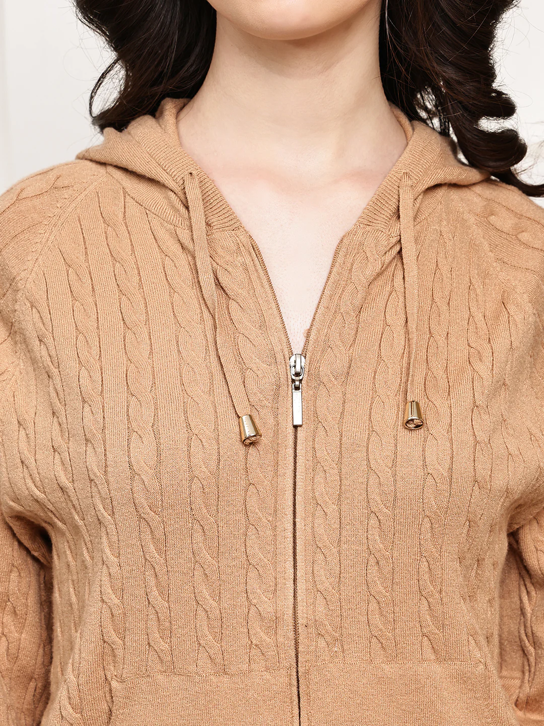 Women Brown Rayon Knit Zip-Up Hoodie - Image 3