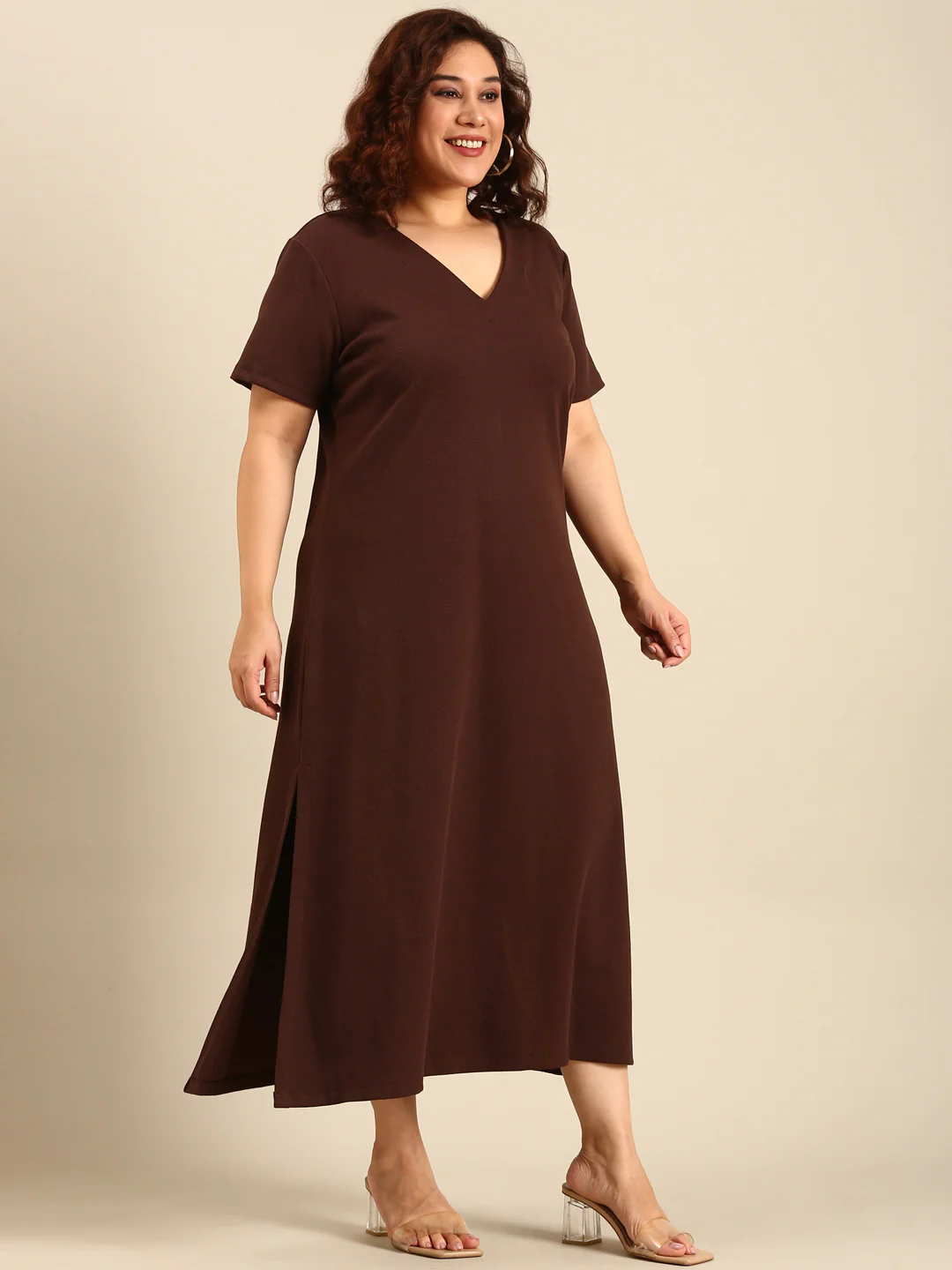 Women Brown Rib A-Line Dress - Image 3