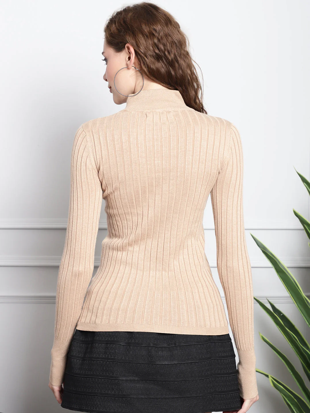 Women Brown Ribbed Turtleneck Sweater - Image 6