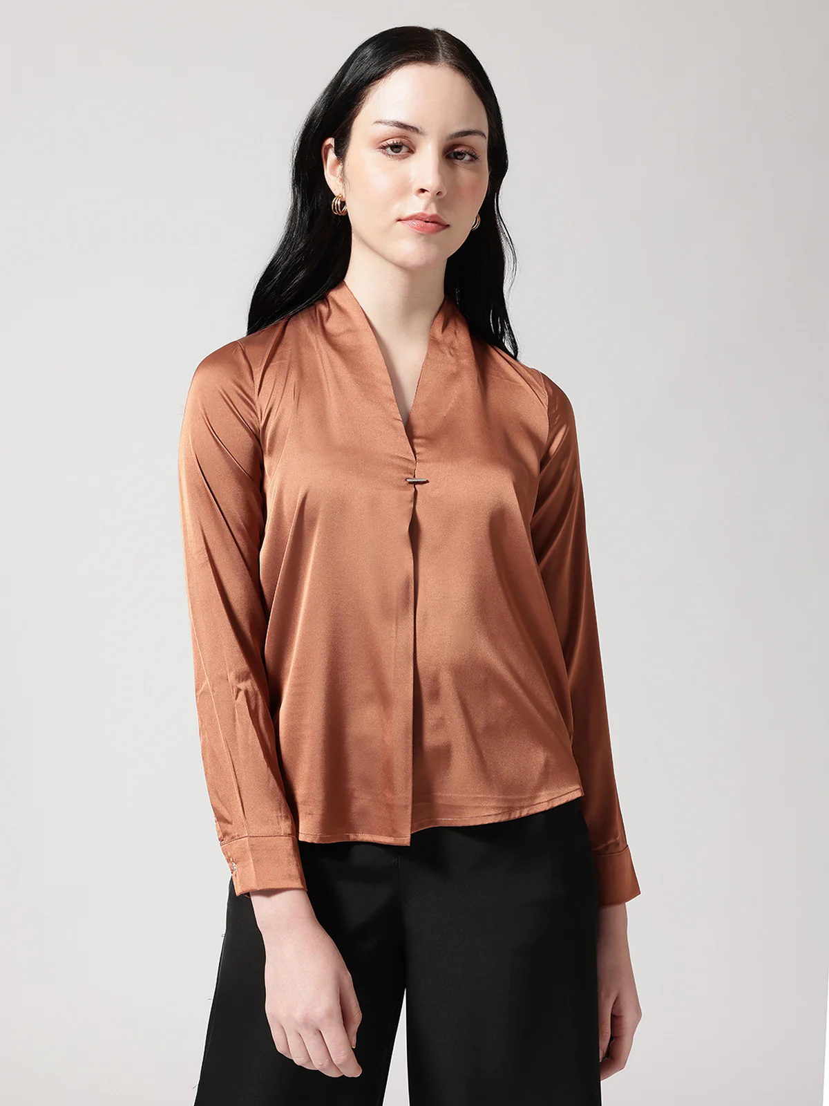 Women Brown Satin V-Neck Top