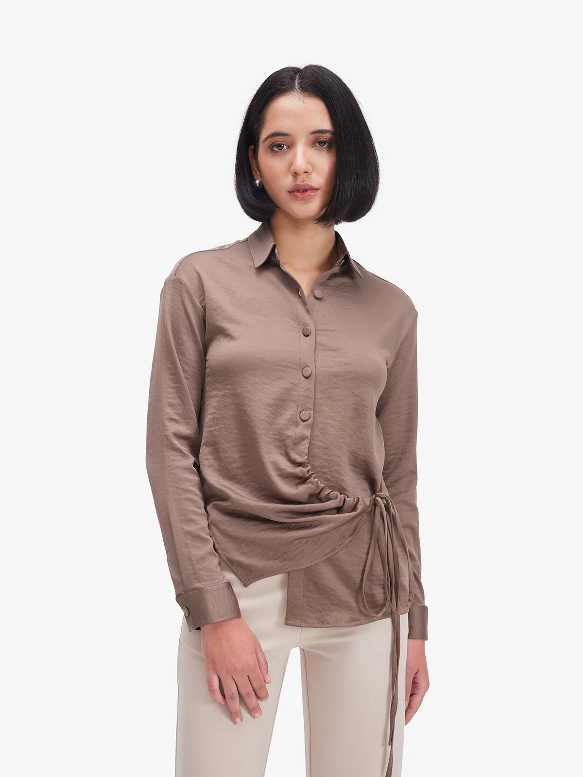Women Brown Side Knot Detail Shirt