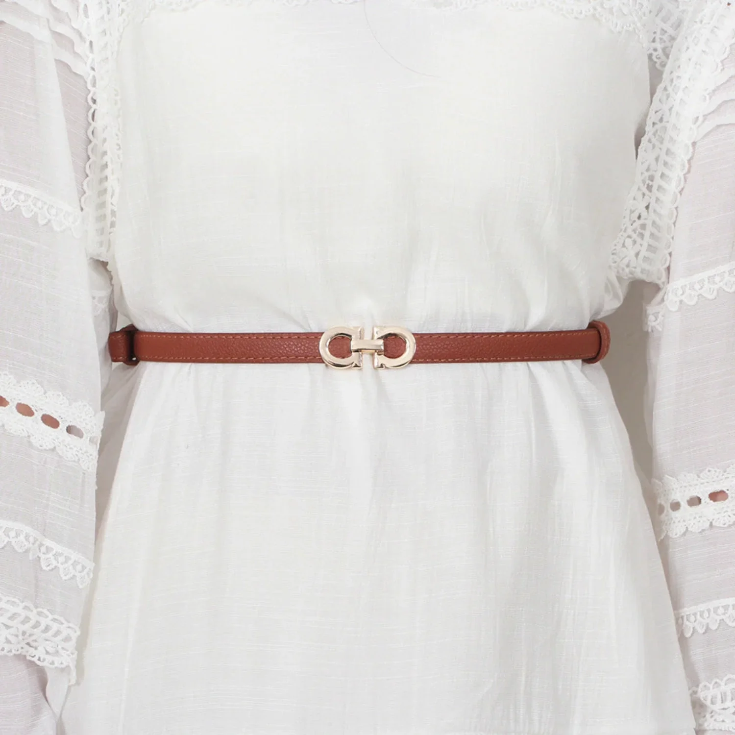 Women Brown Slim Brown Gancini Buckle Belt