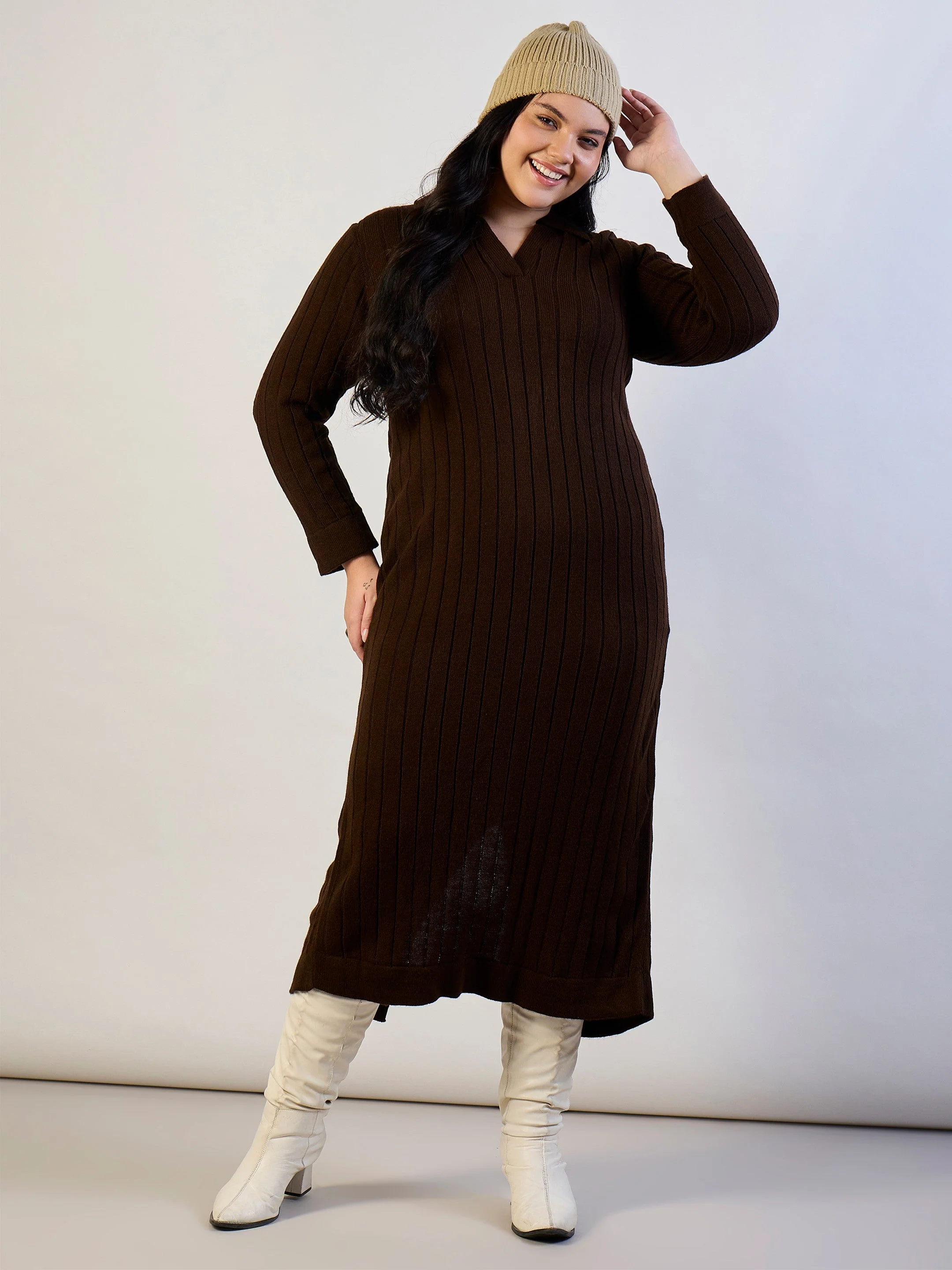 Women Brown Solid Acrylic Wool Collar Midi Dress