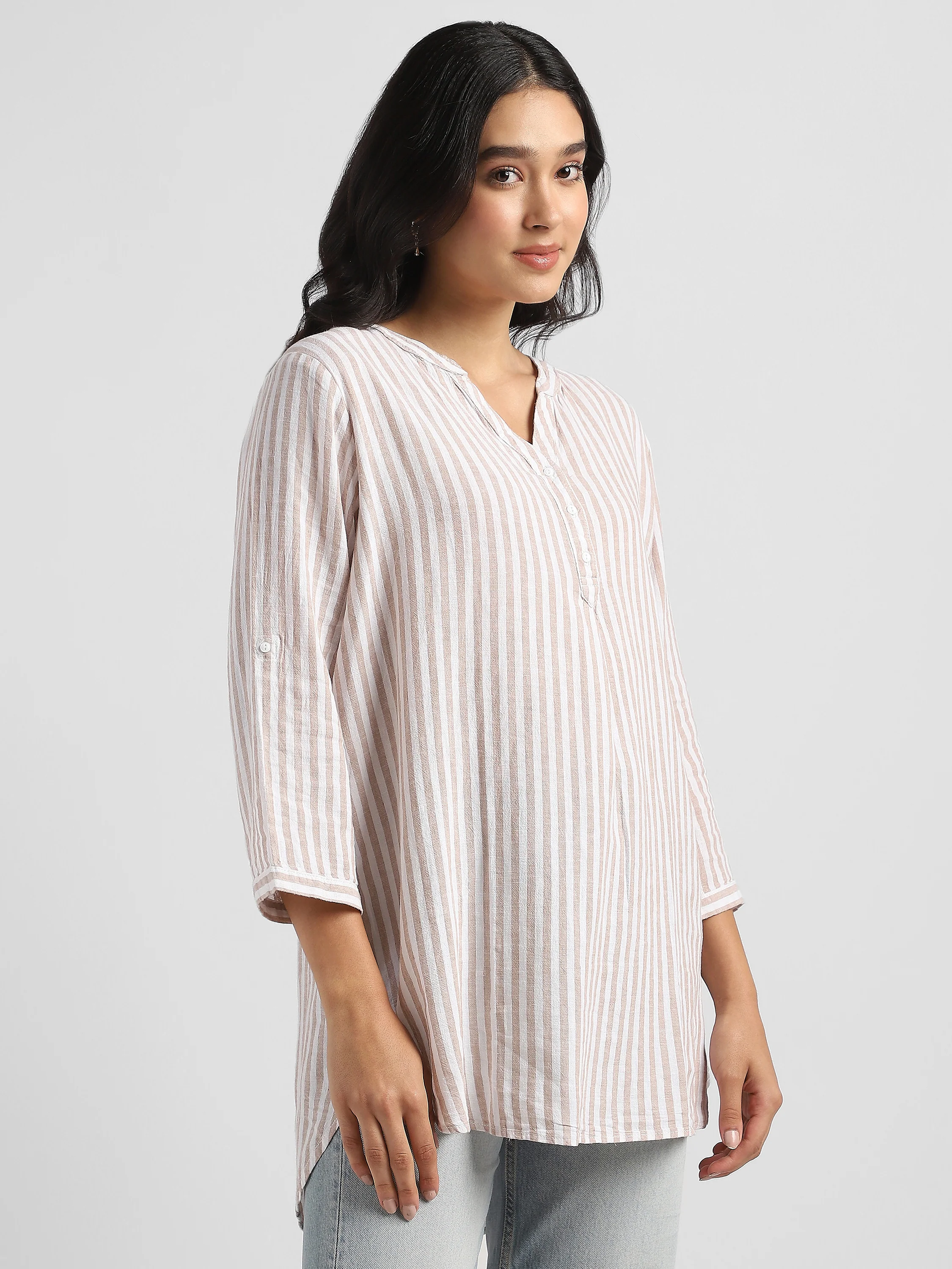 Women Striped High-Low Hem Cotton Blend Top - Image 4
