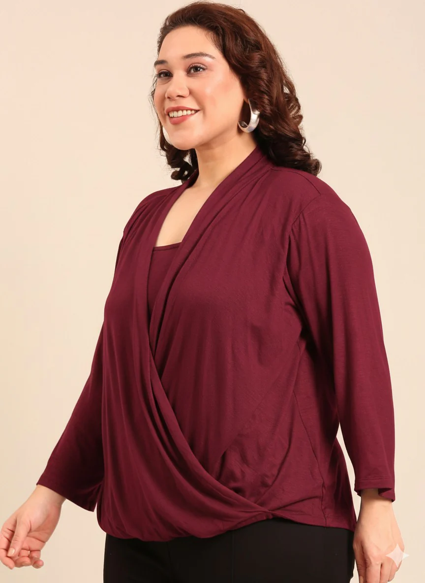 Women Burgundy Jersey Overlap Top - Image 3