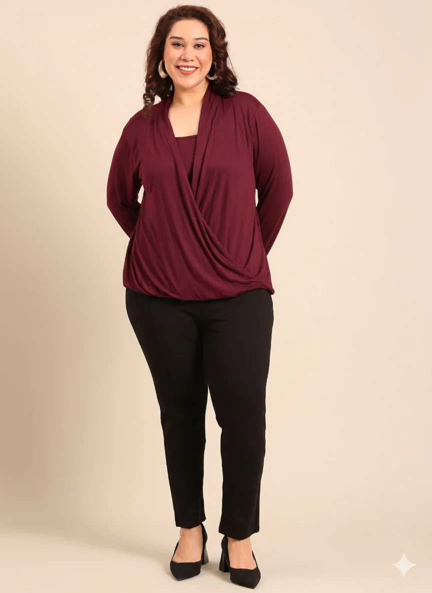 Women Burgundy Jersey Overlap Top - Image 6