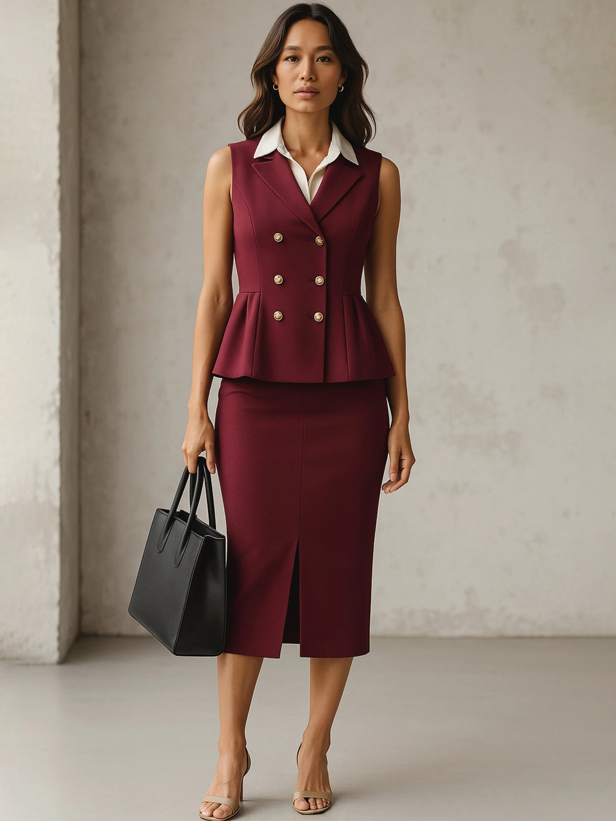 Women Burgundy Sleeveless Notched Button Top With Skirt