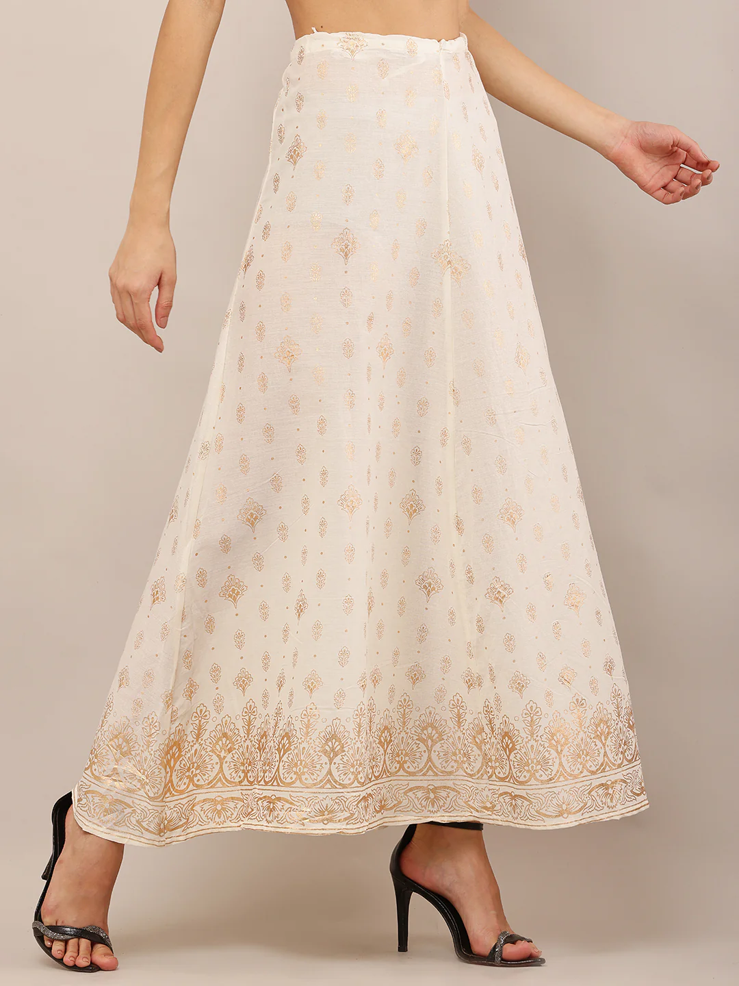 Women Cream Foil Printed Cotton Flared Skirt - Image 2