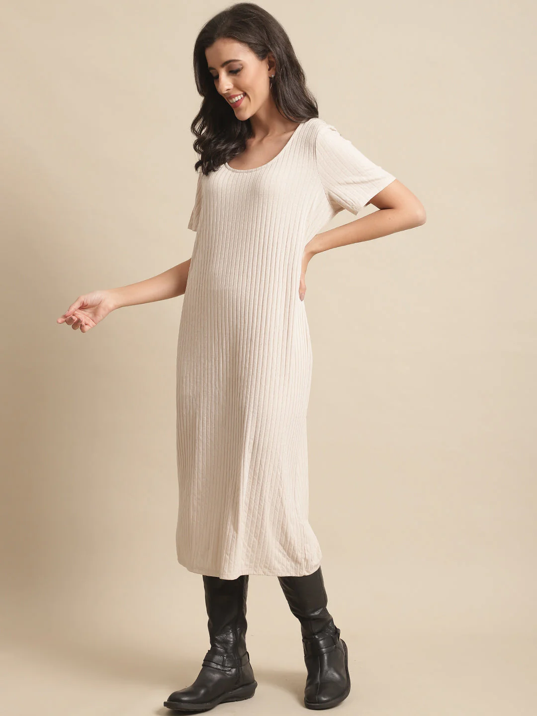 Women Cream Knee Length Dress - Image 4