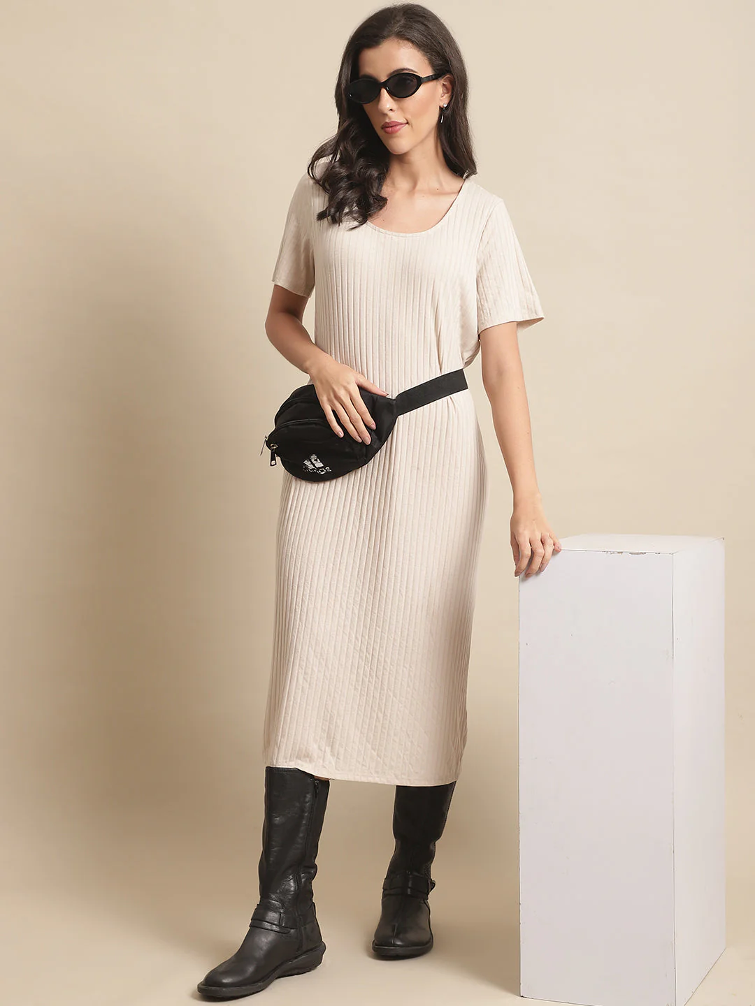 Women Cream Knee Length Dress - Image 6