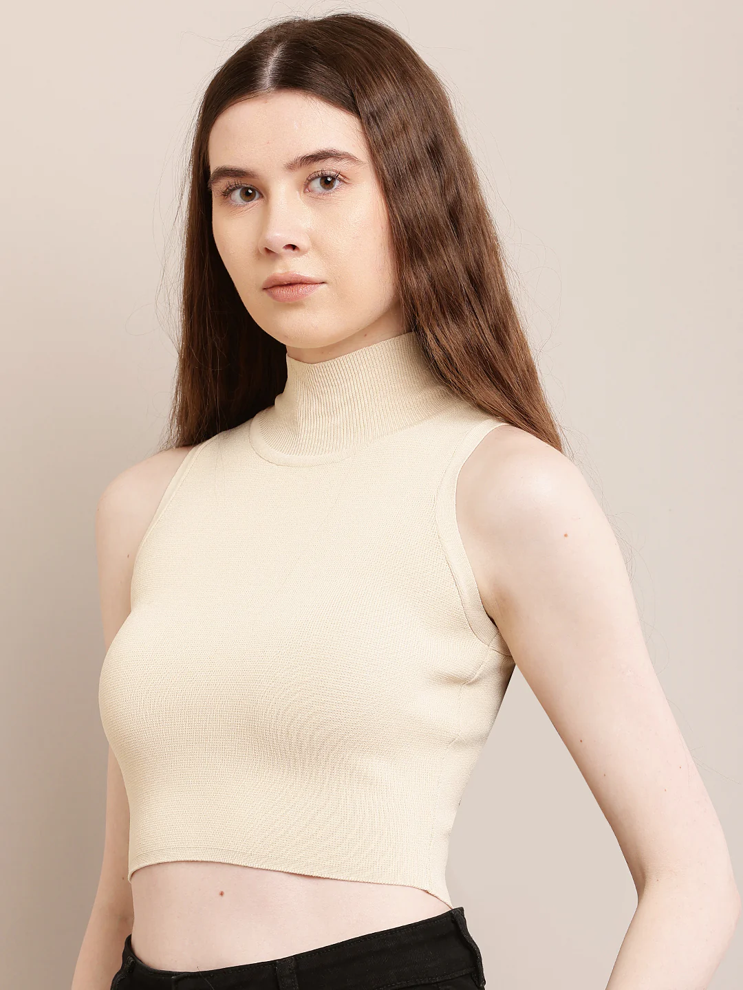 Women Cream Ribbed Crop Top - Image 4
