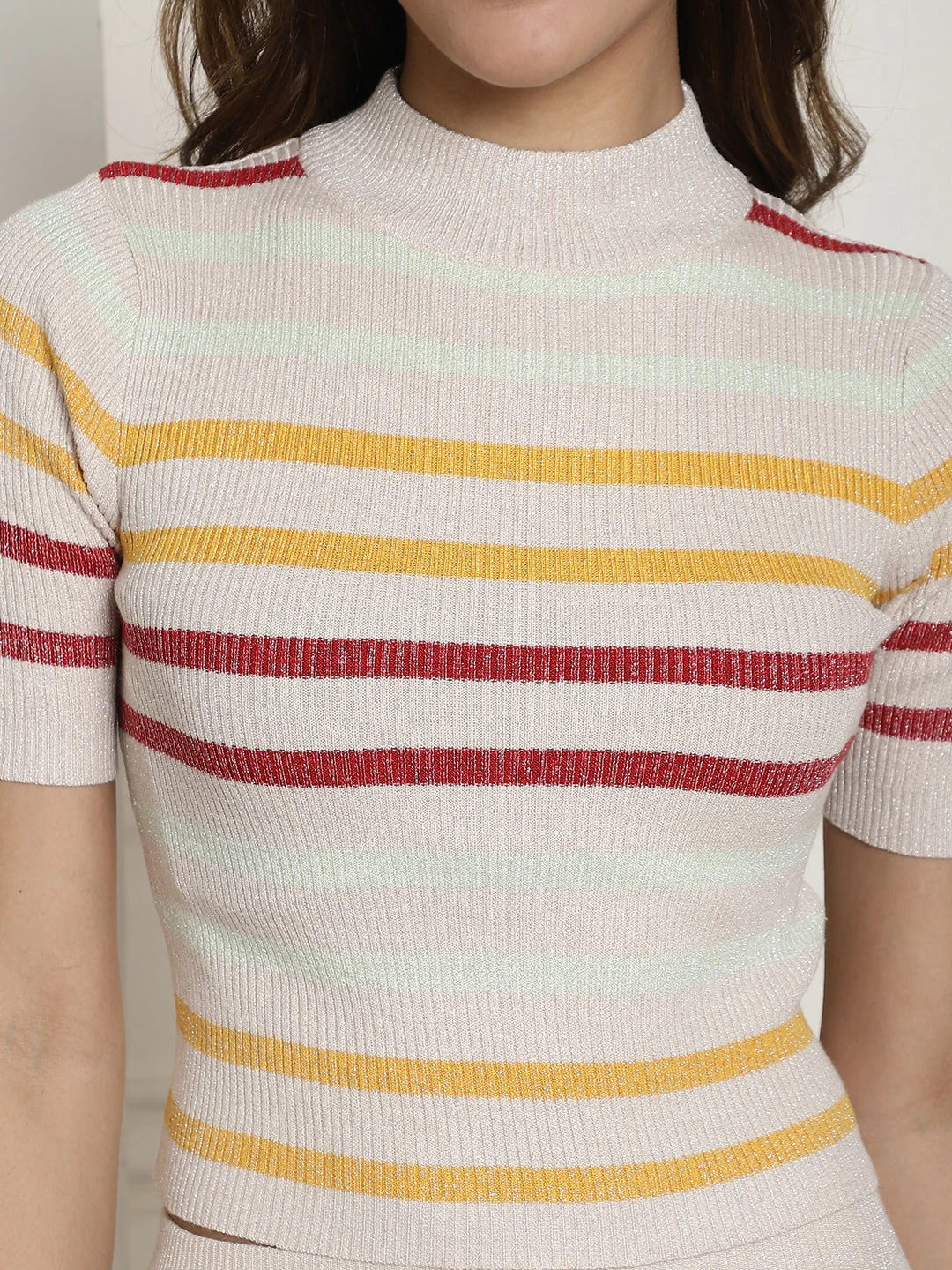 Women Cream Stripe Skirt Set - Image 5