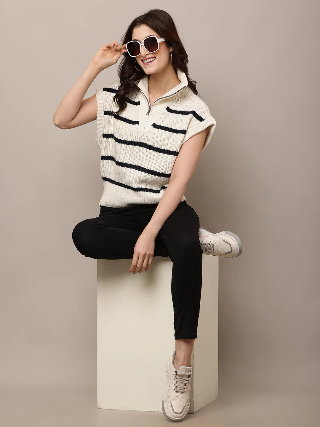 Women Cream Striped Sleeveless Knit Sweater - Image 3