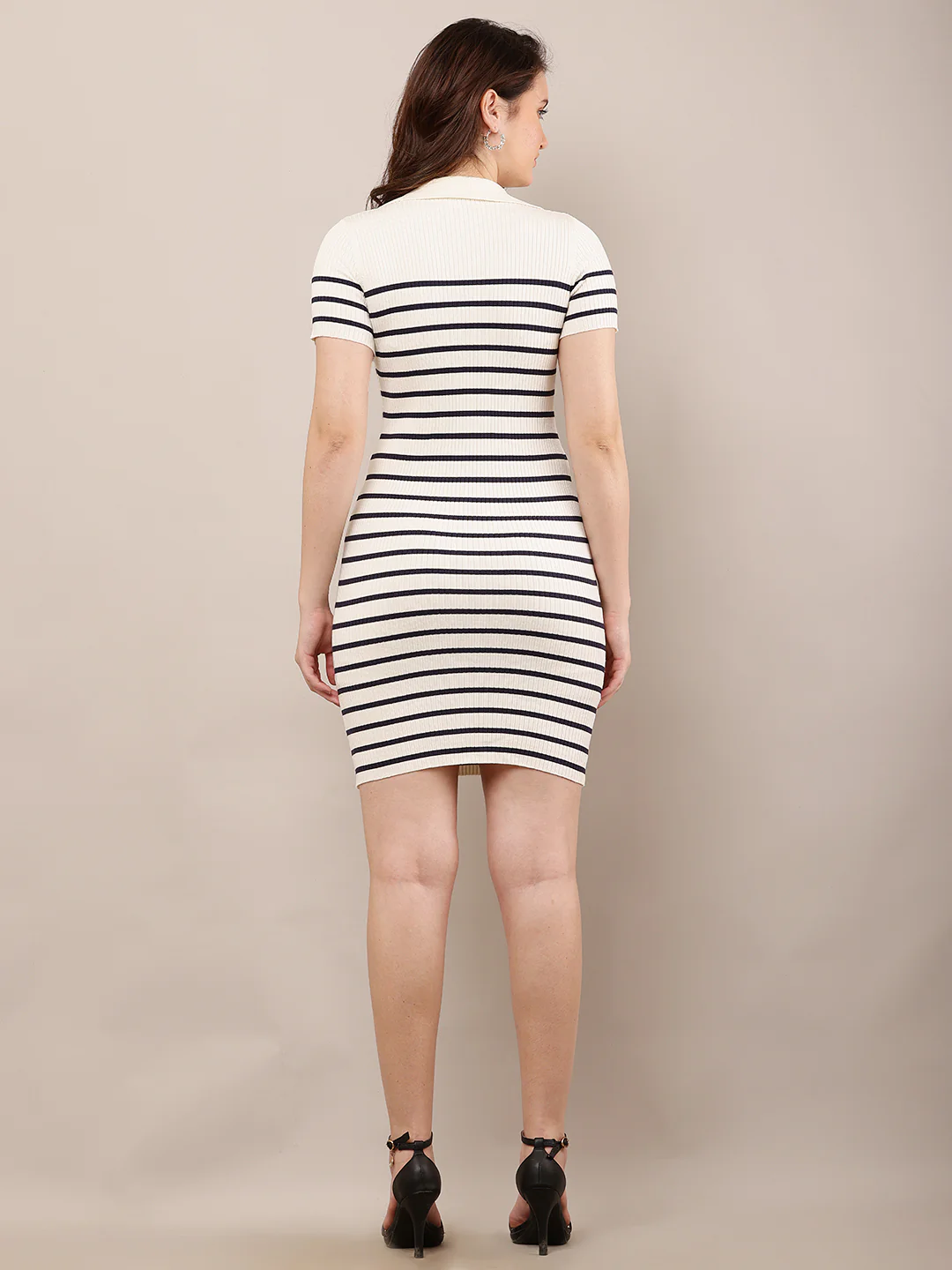 Women Cream Striped V-Neck Half Sleeve Dress - Image 4