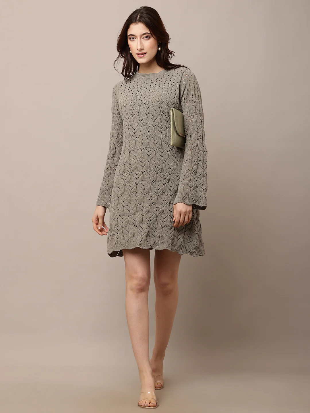 Women Crew neck Crochet Light Green Shift Dress
