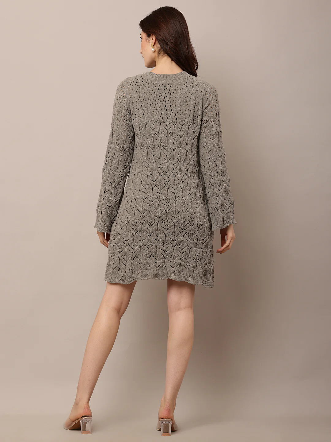 Women Crew neck Crochet Light Green Shift Dress - Image 4