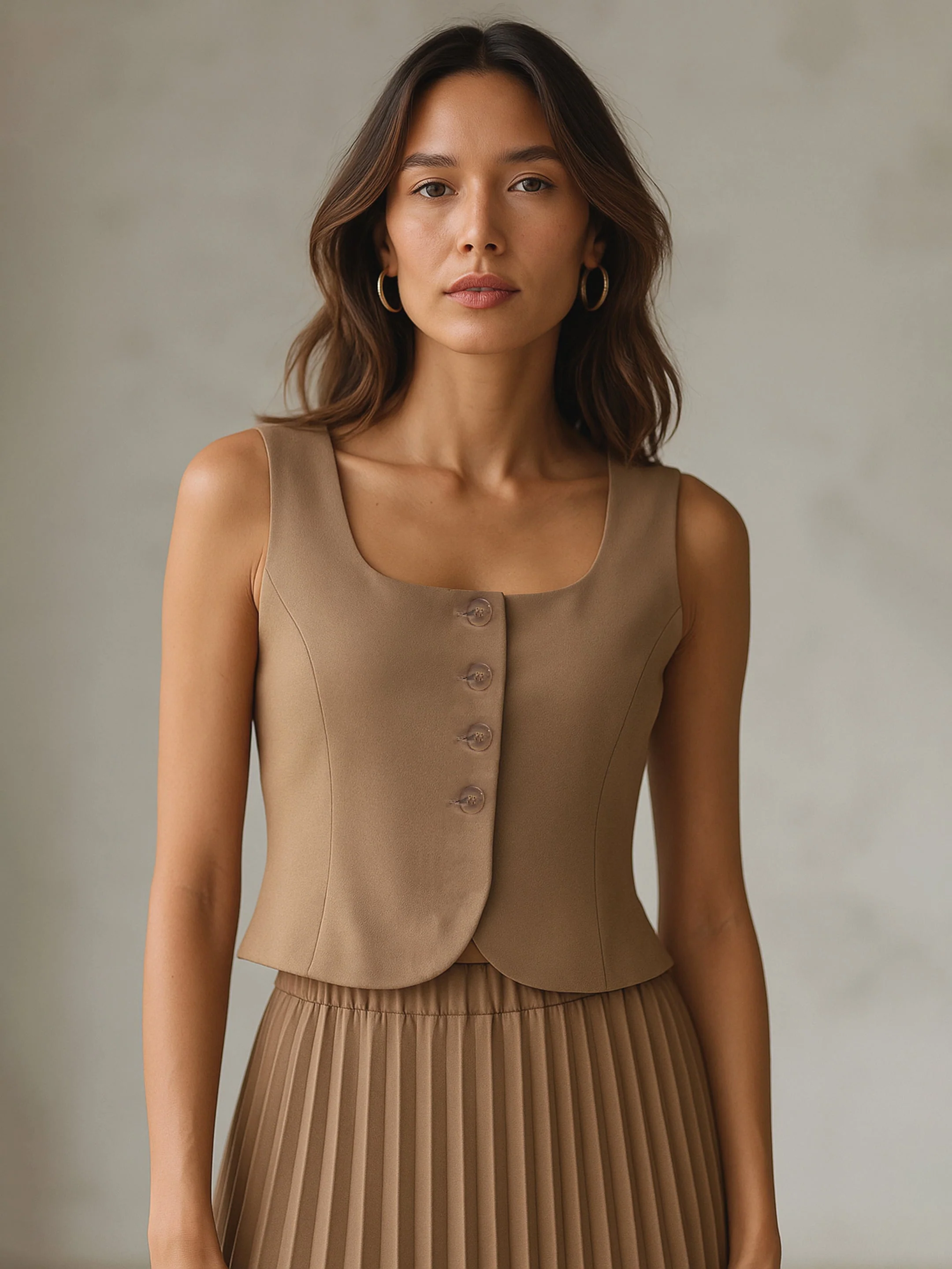 Women Dark Beige Sleeveless Front Button Waistcoat