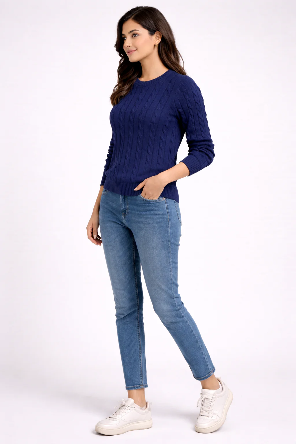 Women Dark Blue Cable Knit Cotton Sweater - Image 3