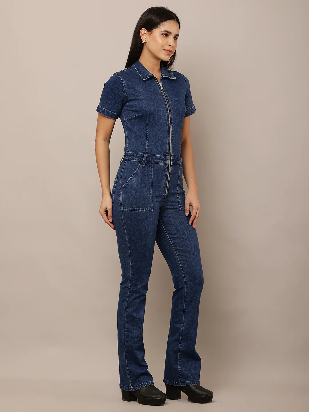 Women Dark Blue Denim Zip Shirt Jumpsuit