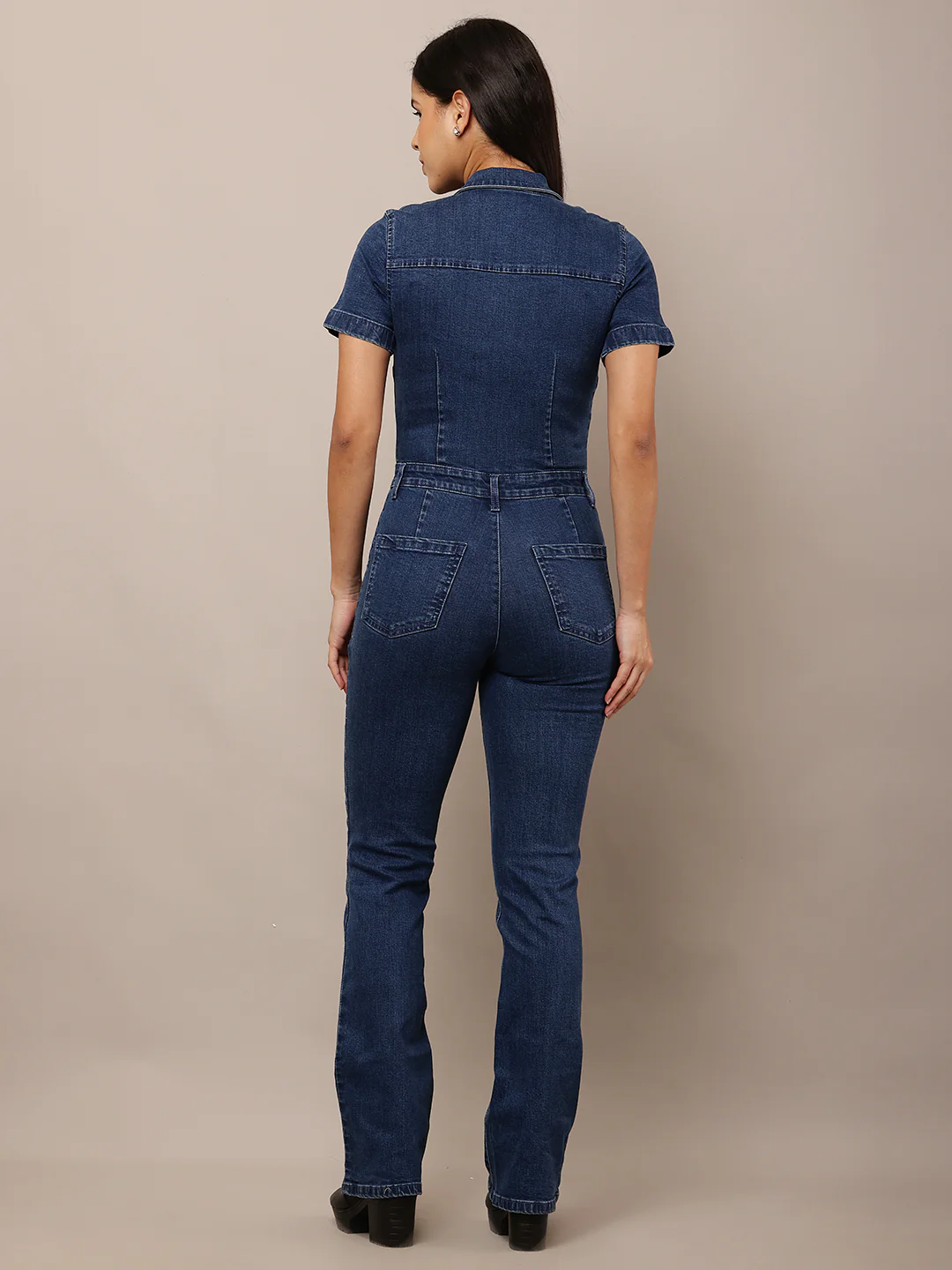 Women Dark Blue Denim Zip Shirt Jumpsuit - Image 4