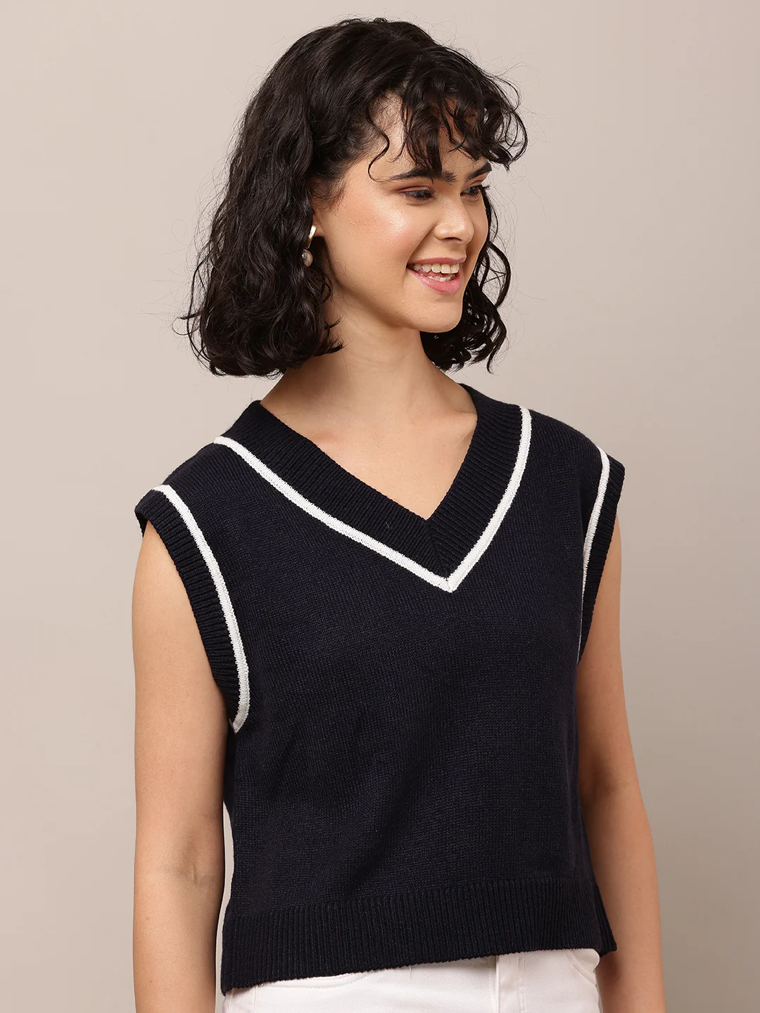 Women Dark Blue V-Neck Cotton Sweater Vest - Image 2
