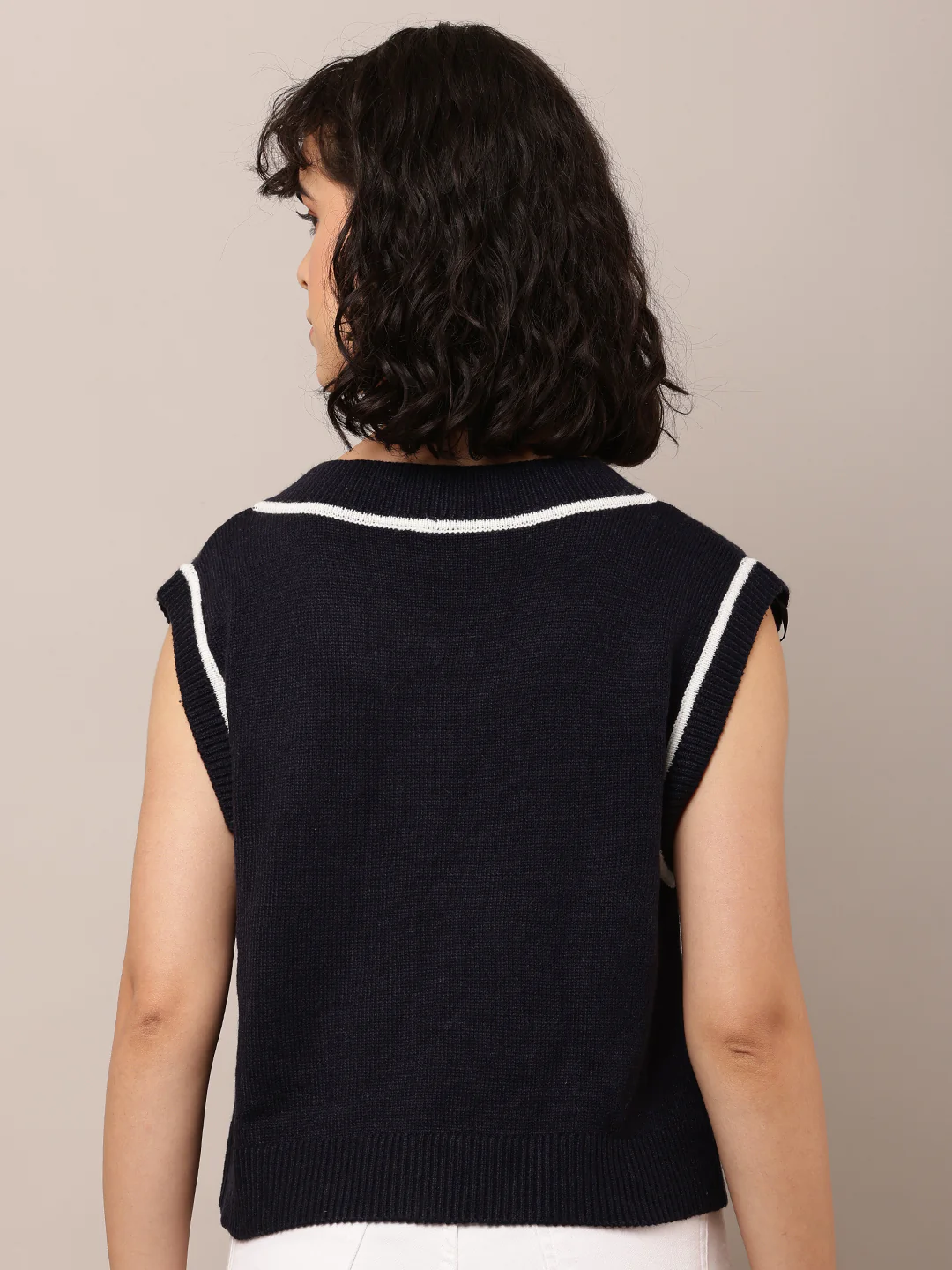 Women Dark Blue V-Neck Cotton Sweater Vest - Image 4