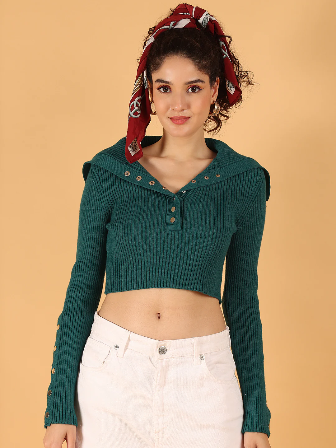 Women Dark Green Ribbed Buttoned Crop Sweater