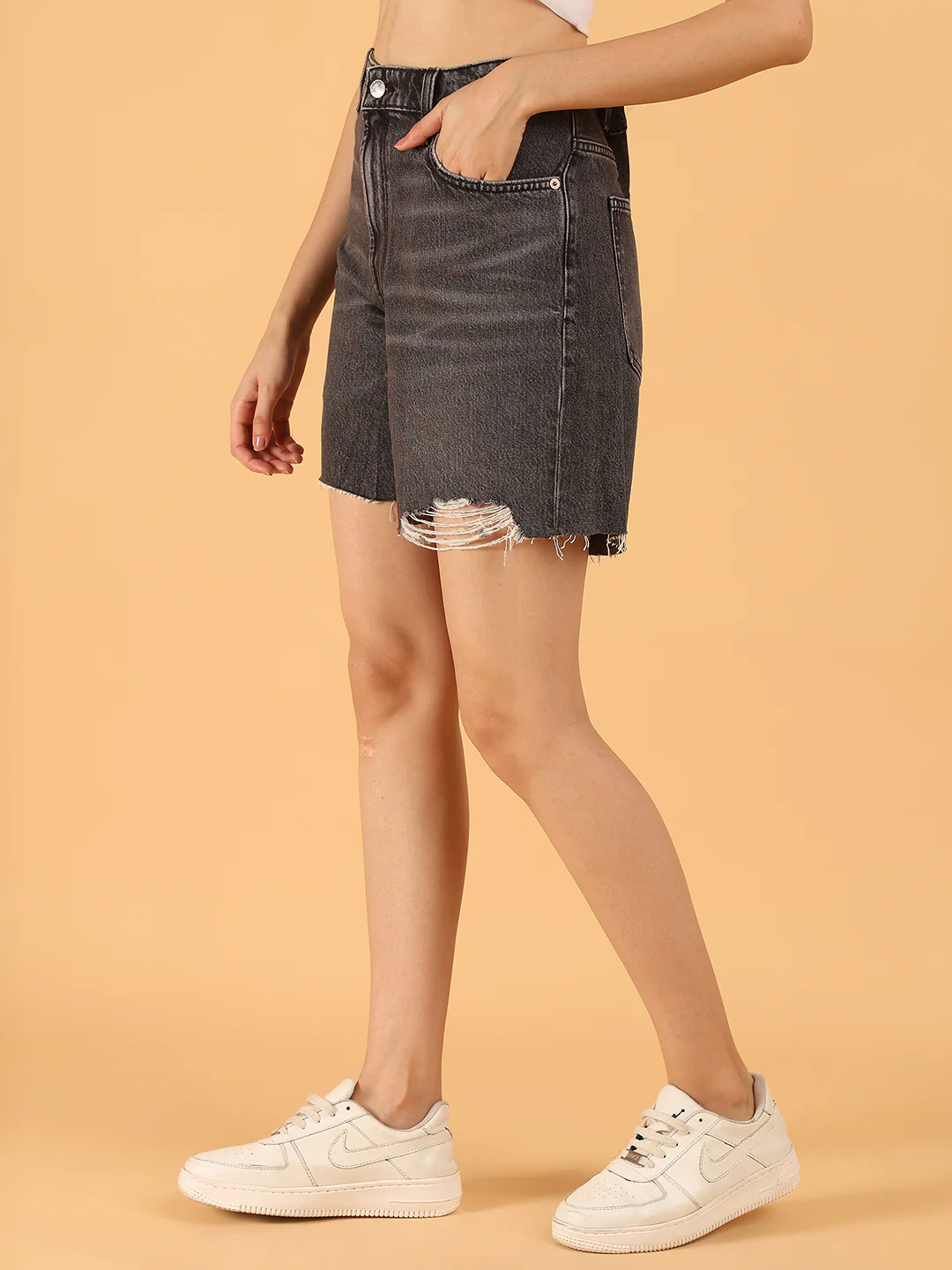 Women Distressed Black High-Rise Denim Shorts - Image 2