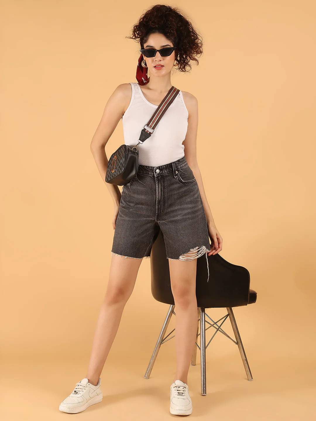 Women Distressed Black High-Rise Denim Shorts - Image 3