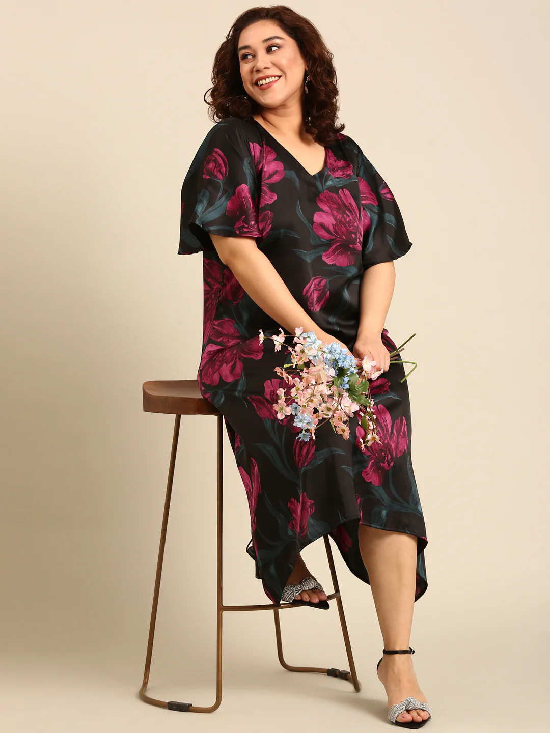 Women Floral Printed Satin A-Line Dress - Image 6