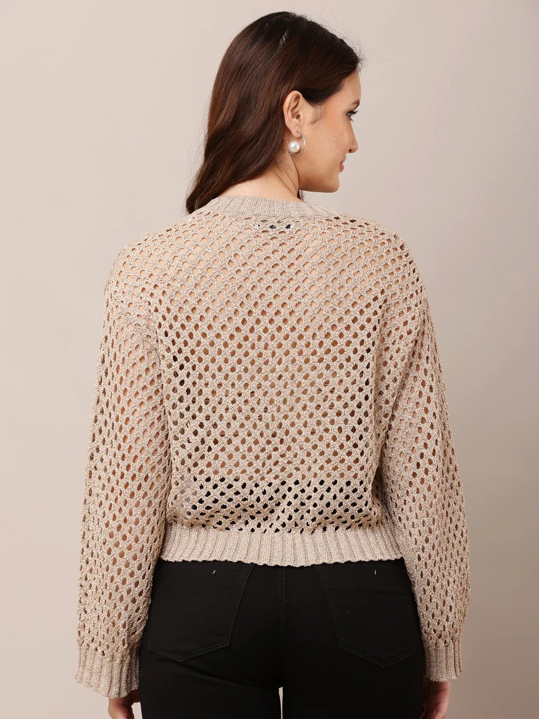 Women Gold Acrylic Crop Sweater - Image 2