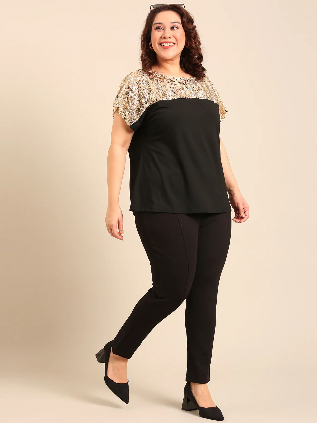 Women Gold Sequin Fabric Top - Image 8