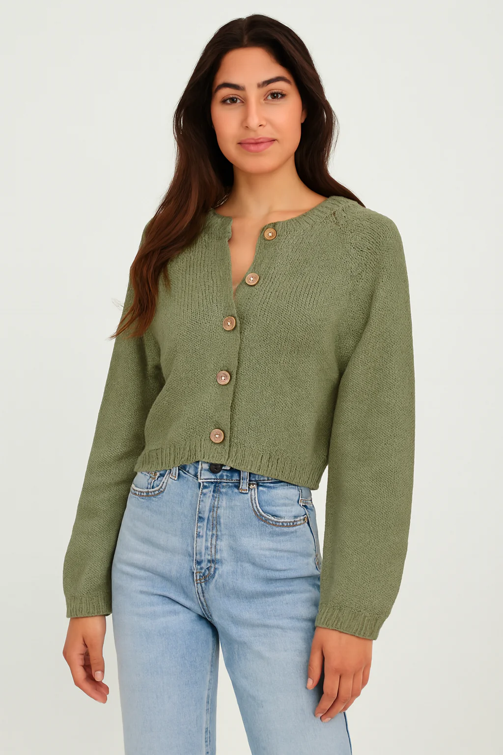 Women Green Acrylic Button-Down Cardigan - Image 4