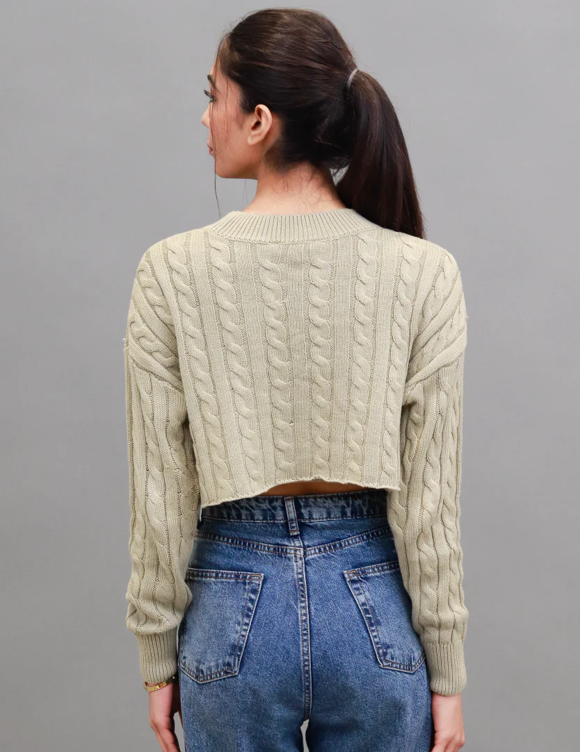 Women Green Cable Knit Sweater - Image 4