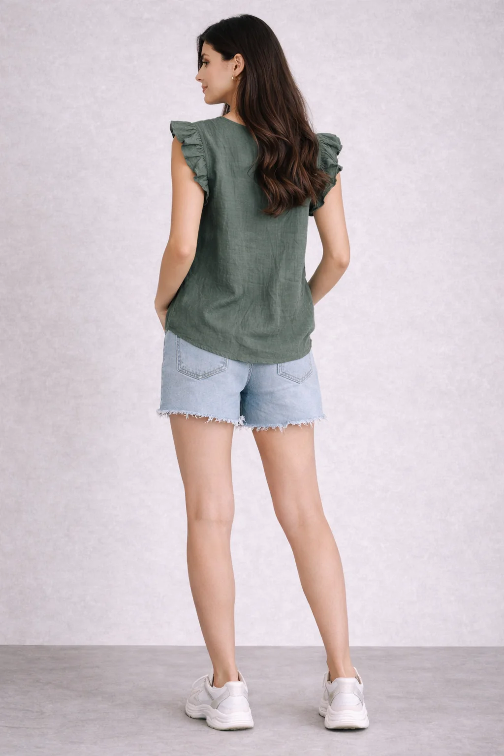 Women Green Cotton Flutter Sleeve Top - Image 2