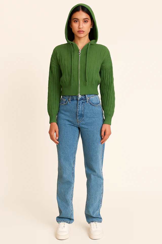 Women Green Hooded Zip-Up Sweatshirt - Image 5