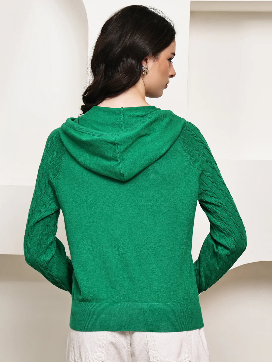 Women Green Rayon Knit Zip-Up Hoodie - Image 2