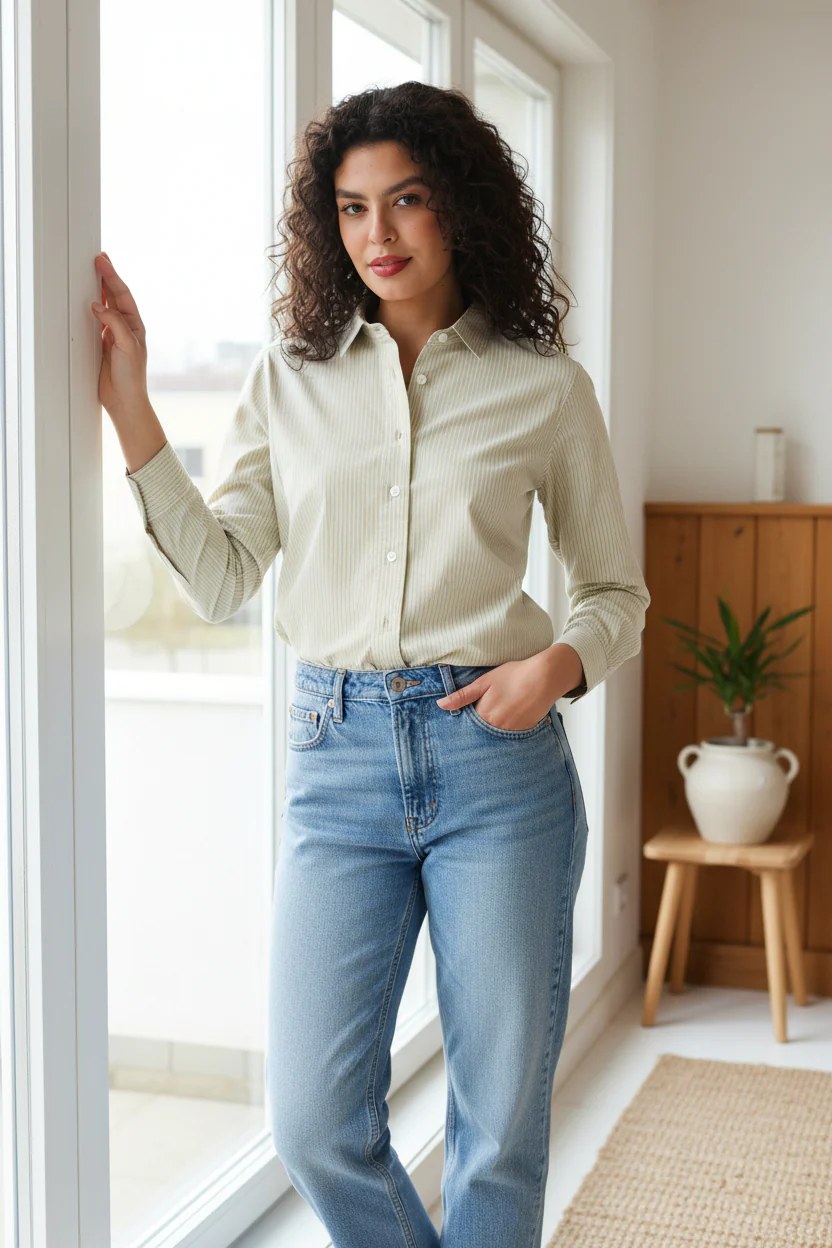 Women Green Stripe Shirt - Image 2
