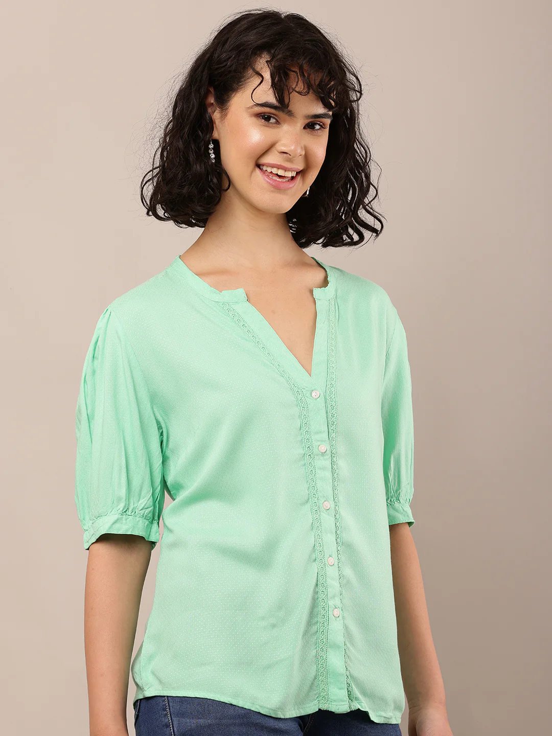 Women Green V-Neck Short Sleeve Top - Image 2