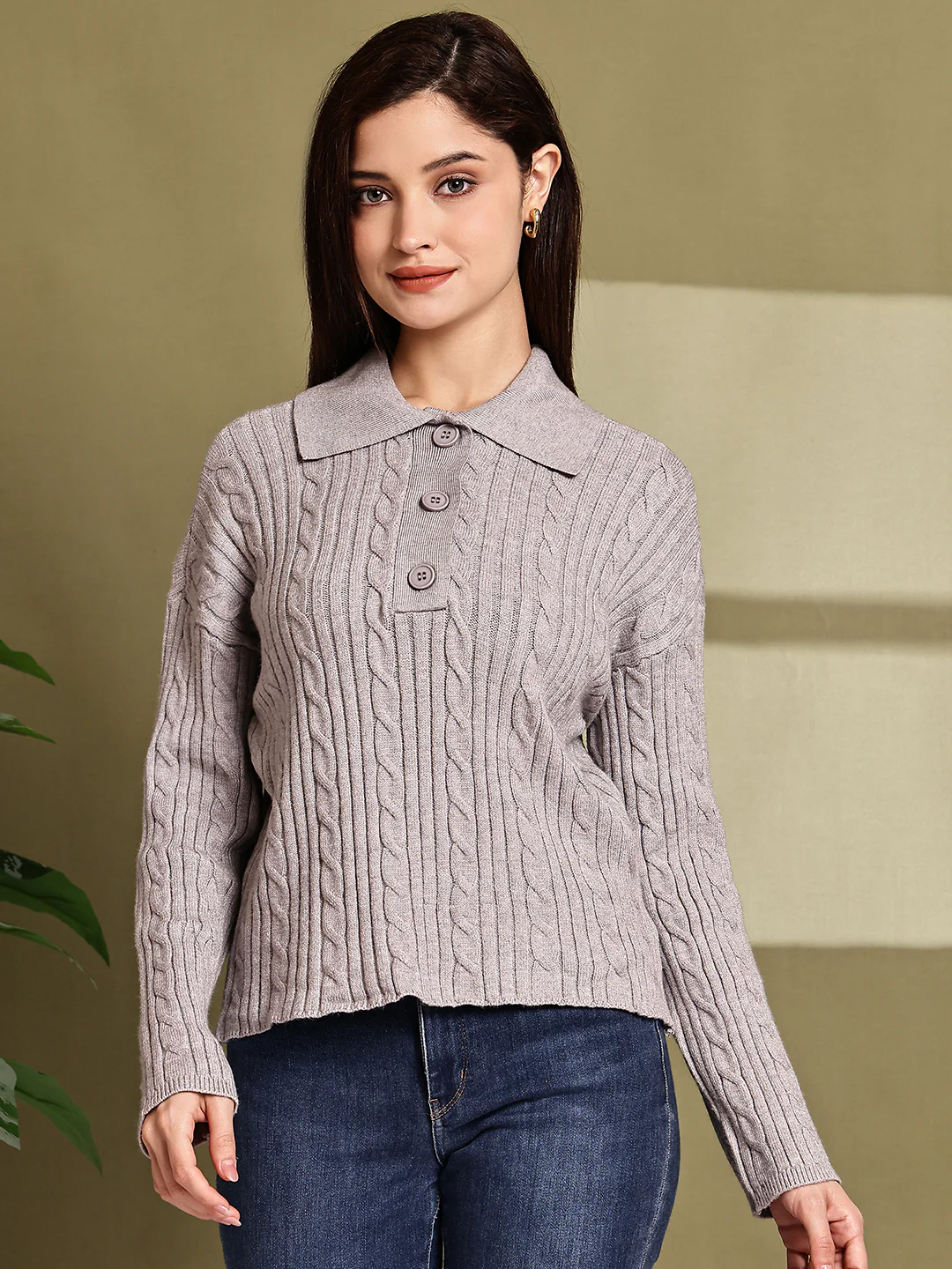 Women Grey Acrylic Full Sleeve Polo Sweater - Image 2