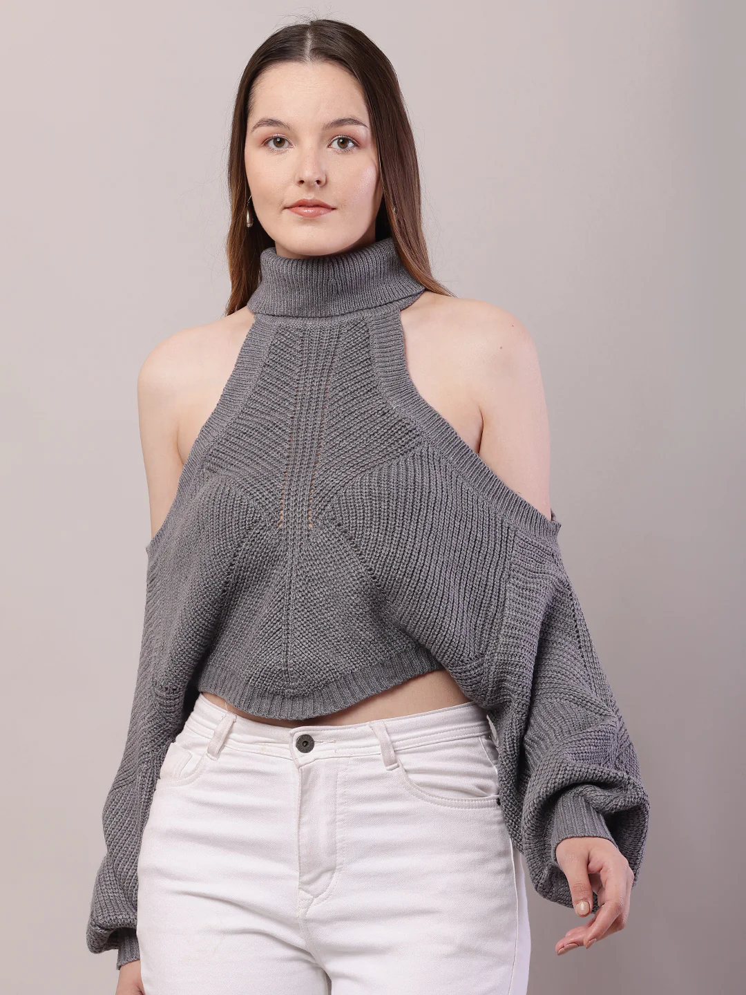 Women Grey Acrylic Mock Neck Cold Shoulder Sweater