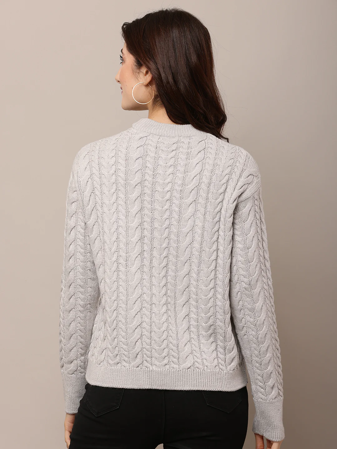 Women Grey Cable Knit Acrylic Sweater - Image 4